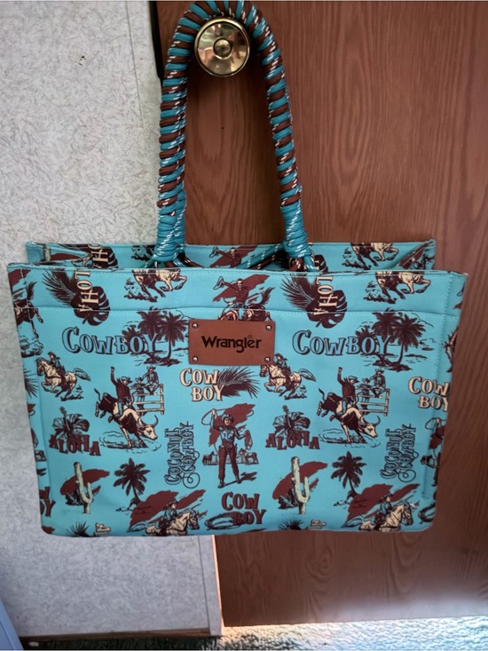 Wrangler Handbags - Wrangler Teal Western Cowboy Print Tote with Brown Accents